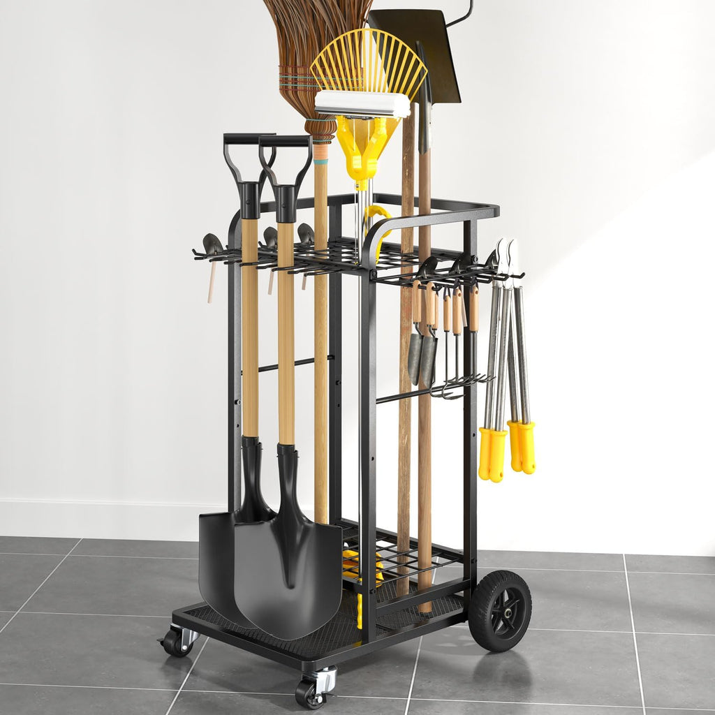 SOYEEZE Garden Tool Organizer - Heavy-Duty 3-Tier Tool Rack with Large Wheels | Holds 35 Tools, 12 Hooks