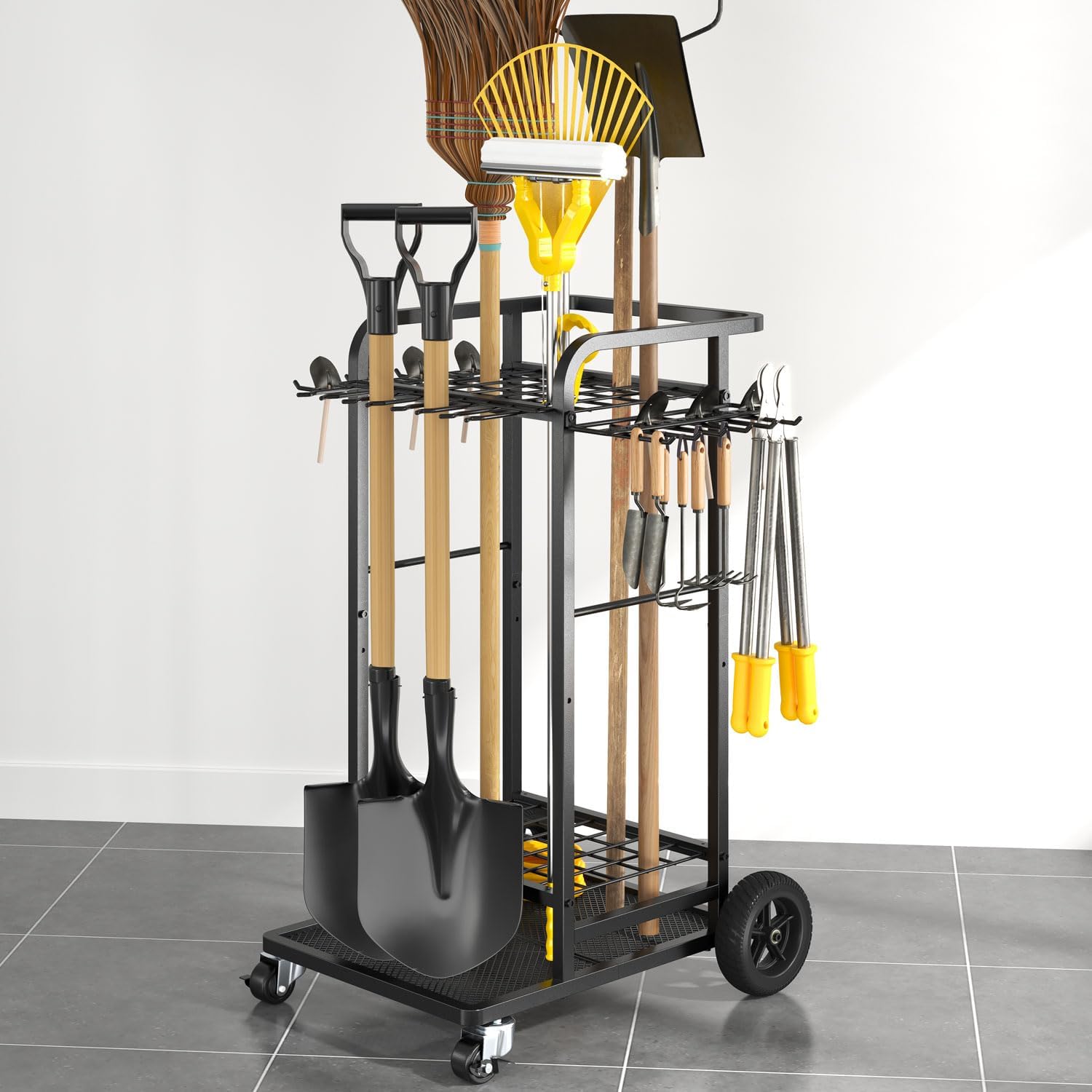 SOYEEZE Garden Tool Organizer - Heavy-Duty 3-Tier Tool Rack with Large Wheels | Holds 35 Tools, 12 Hooks