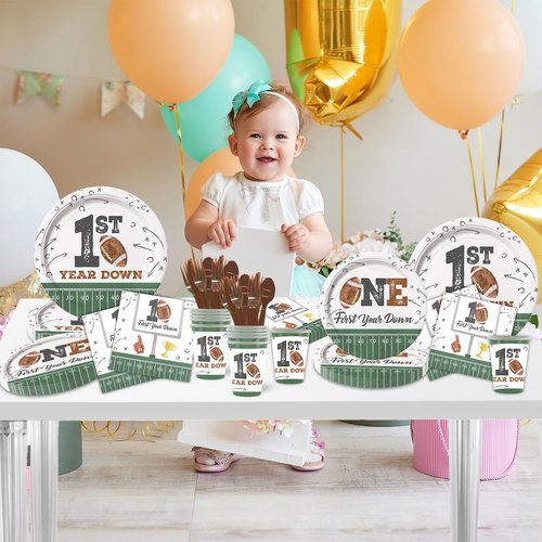 LANGASQUE Football First Year Down Birthday Decorations, 168pcs Paper Plates Napkins Set Football Theme Dinnerware Including Plates, Napkins, Cups, Knives, Forks, Spoons for Birthday Party Supplies