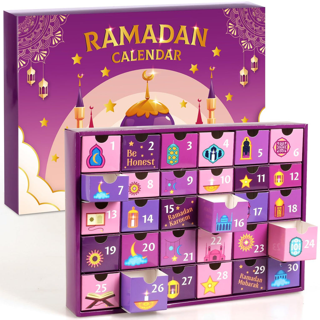 MOVINPE Ramdan Calendar with Drawers 2026 Ramadan Gifts for Kids, 30 Pre-Assembled Empty Boxes Eid Mubarak Coutdown Calendar Fillable Islamic Art Gift Box, Ramadan Party Supplies (Purple)