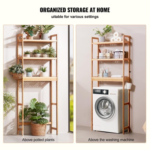 VEVOR Over The Toilet Storage, 3-Tier Adjustable Over Toilet Bathroom Organizer, Bamboo Storage Shelf Rack with 3 Hooks, Freestanding Easy Assembly Laundry Space Saver, Fit Most Toilets, Gray