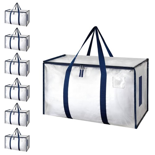 Simple Deluxe 6 Pack Heavy Duty Moving Bags with Reinforced Zippers & Comfortable Handles, Extra Large Foldable Storage Totes for Clothes, College Dorm, White