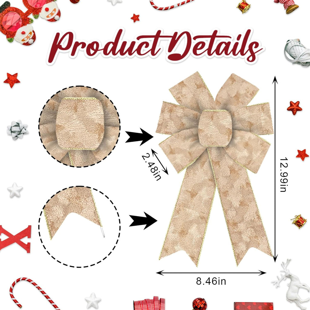 On-Airstore Christmas Wreath Bows - 2 Pcs Champagne Gold Velvet Decorative Bows for Indoor/Outdoor Decor