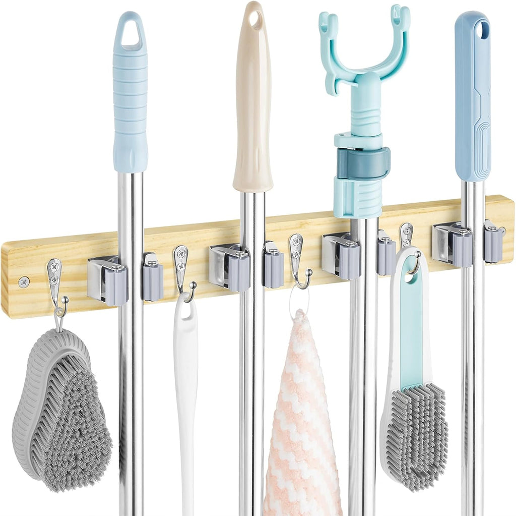 OUTNILI Mop and Broom Holder Wall Mount - Light Wood Organizer with 4 Slots & Hooks for Garage, Closet, Kitchen