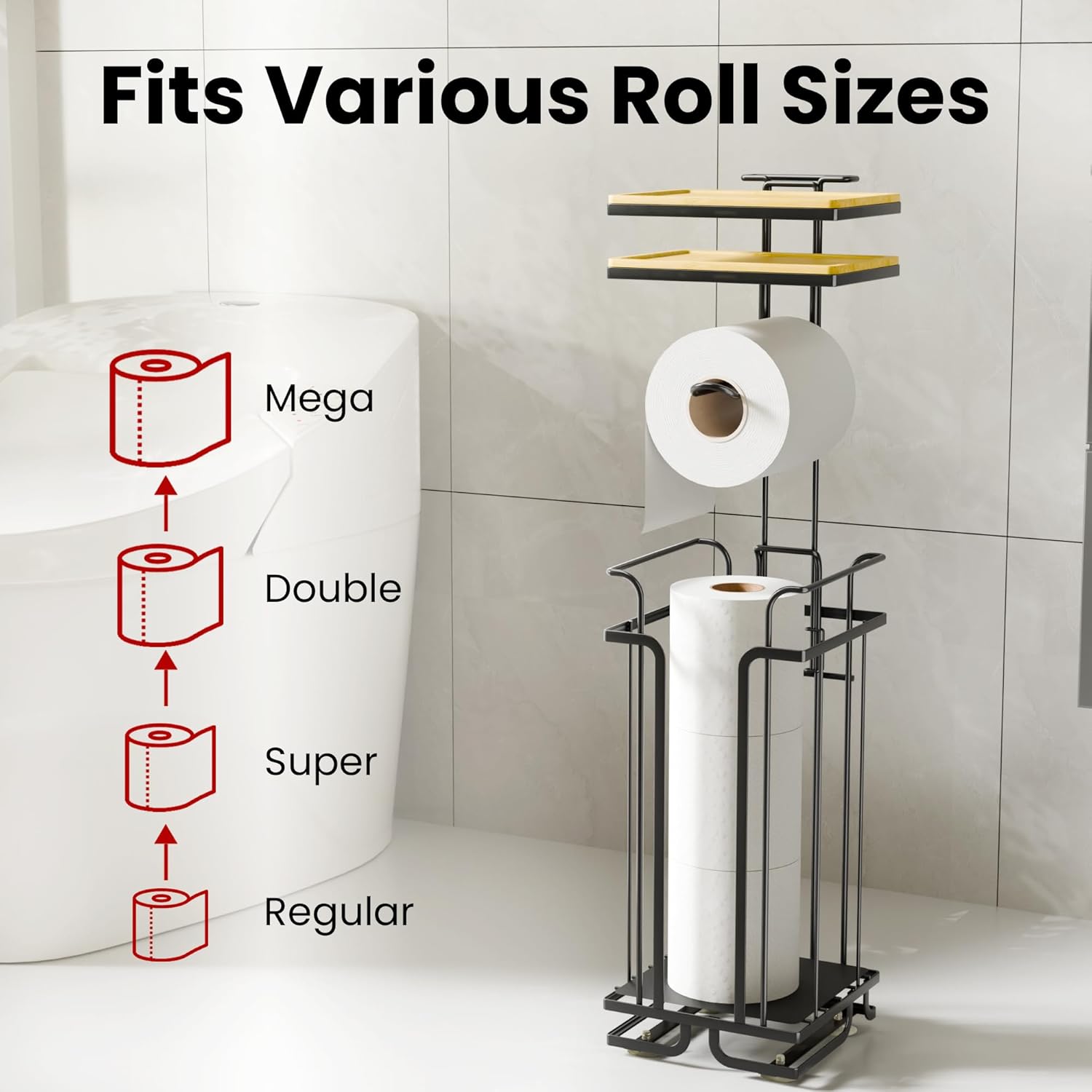 Skiennix Free Standing Toilet Paper Holder - Rustproof Metal Stand with Shelf for 4 Rolls | Black