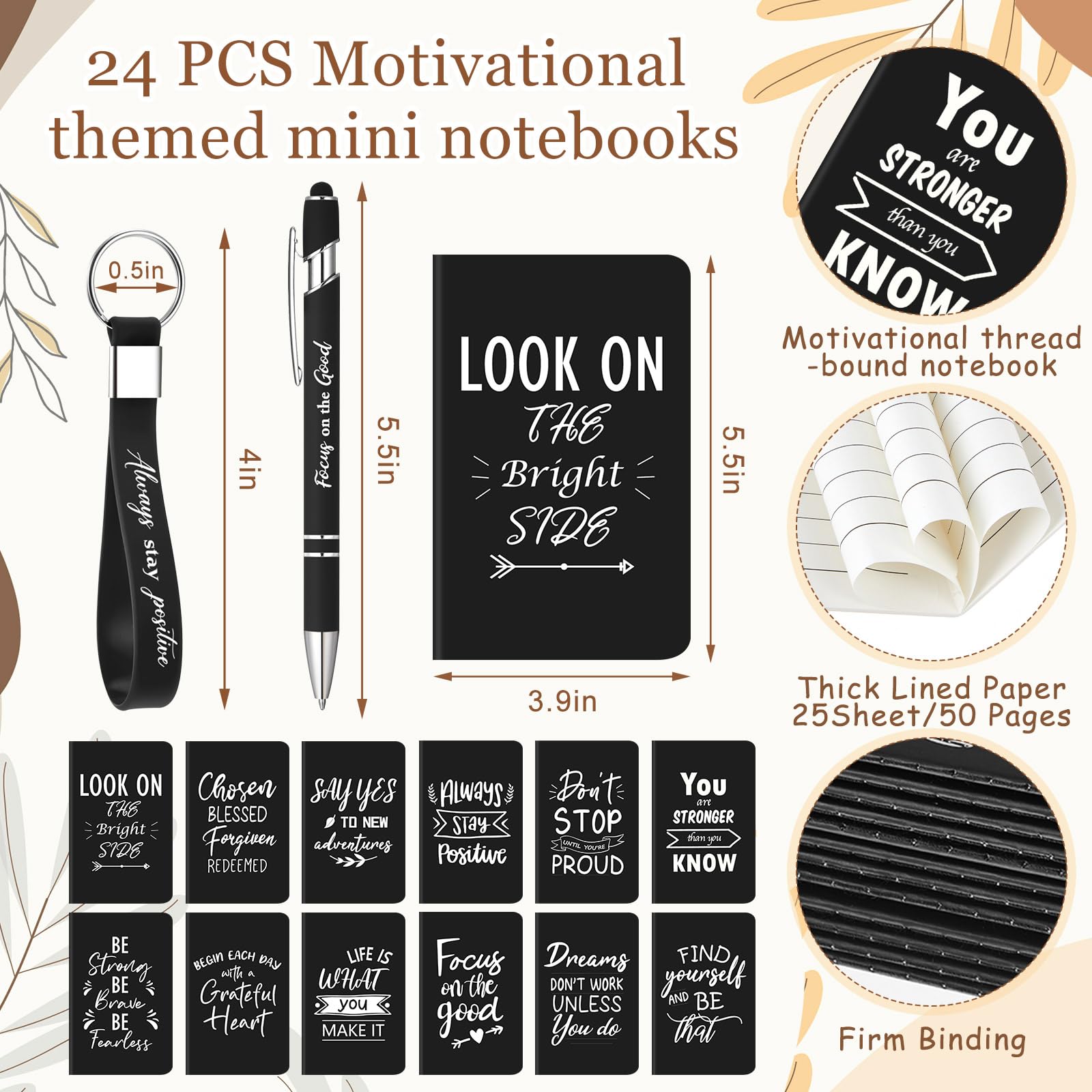 Hollowfly 24 Sets/96 Pcs Inspirational Gifts Bulk for Employee Recognition Appreciation, 24oz Plastic Cups Pens Notebooks Keychains Set, Gifts for Office School Teachers Staff Coworkers (Black)