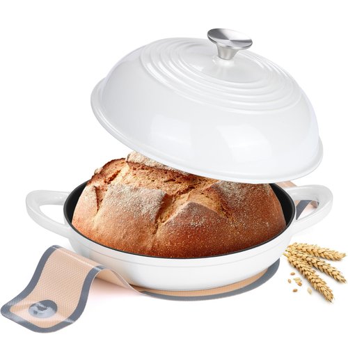 Enameled Cast Iron Bread Oven, Leonyo Dutch Oven for Sourdough Bread Baking, Cast Iron Dutch Ovens Pot with Lid & Non Stick Silicne Baking Mat for Cooking, 6 Quart, White