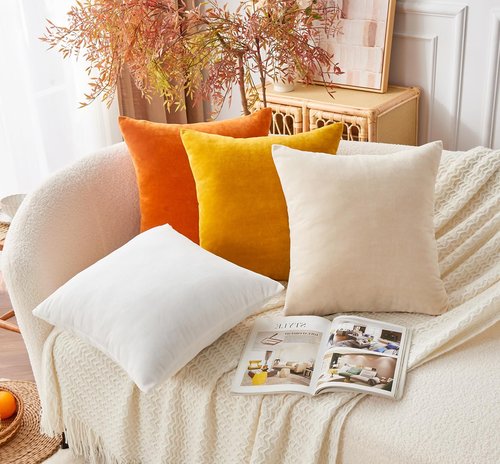 GriNeed Throw Pillow Covers Mustard Yellow Set of 2 18x18 Inch Fall Pillow Covers, Soft Velvet Farmhouse Neutral Decorative Pillowcases for Couch Sofa Bed, Home Boho Decor, Modern Cushion Covers