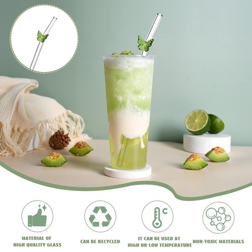 5 Pcs Glass Straws Shatter Resistant - 8 Inch Long Colorful Butterfly Design Reusable Glass Straw with 2 Cleaning Brush, Cute Bar Drinking Straws for Cocktail, Smoothies, Coffee, Juice