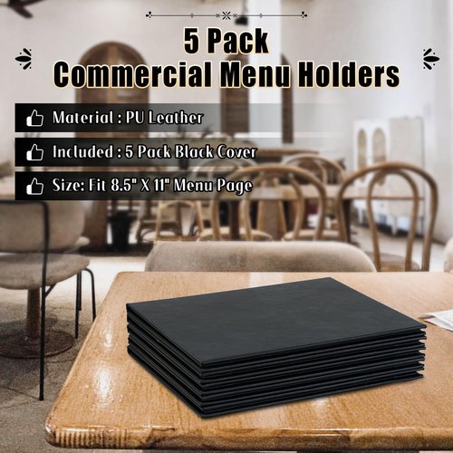 FLKQC Restaurant Menu Covers Holders 8.5" X 11" | Pack of 5 Synthetic Leather 8 View Menu Holder Covers Book Style with Angled Corners Black for Wine List (5, 8 View (8.5" x 11"))