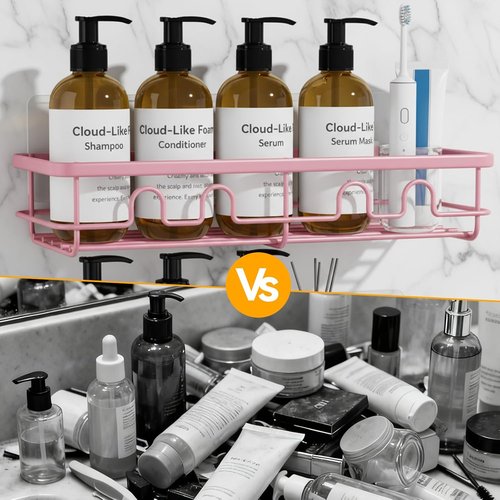 Adhesive Shower Caddy | Large Capacity No-Drill Bathroom Organizer - 2 Pack Pink Shelves for Home Decor