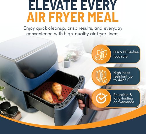 Linda’s Essentials Reusable Square Silicone Air Fryer Liners - Non-Stick, Easy-Clean 8.5 Inch (3 Pack) with Cheat Sheet & Recipe Book