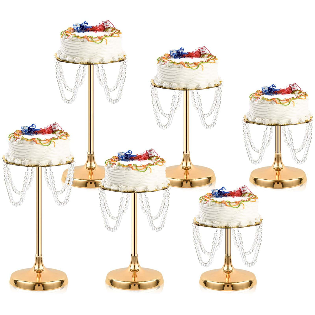 kolnlala Set of 6 Gold Round Pearl Cake Stand, Dessert Table Metal Cake Display Stand Set with Pearl Pendant Wedding Birthday Cake Base Stand for Wedding Anniversary Birthday Party Celebration