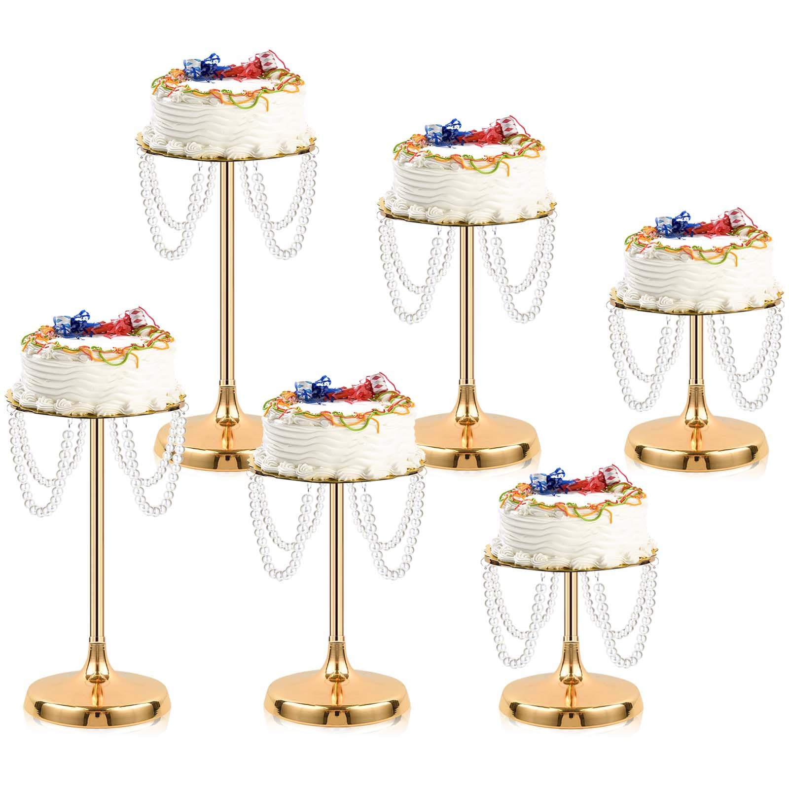 kolnlala Set of 6 Gold Round Pearl Cake Stand, Dessert Table Metal Cake Display Stand Set with Pearl Pendant Wedding Birthday Cake Base Stand for Wedding Anniversary Birthday Party Celebration