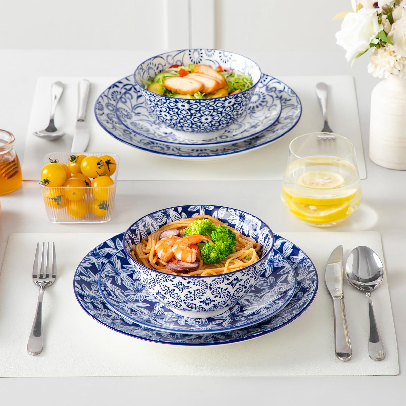 vancasso SELENE 24 oz Cereal Bowls set of 6, Ceramic Soup Bowls for Kitchen, Dishwasher & Microwave Oven Safe- for Cereal, Soup, Pasta, Salad, Blue & White Floral Design Bowl Set