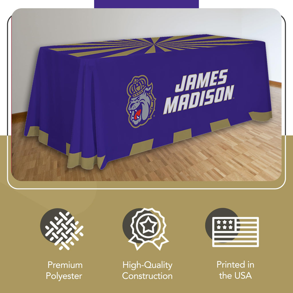 Victory Corps James Madison Dukes College Sports Printed Table Throw - NCAA Licensed - Polyester - School Tablecloth (Black, Purple, Gold) (6' Draped)
