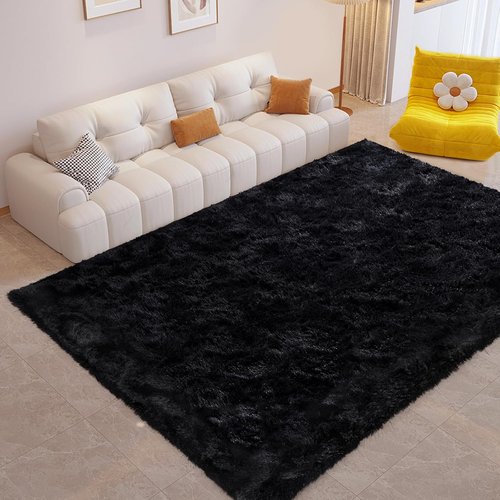 FinRèc Soft Black Area Rug - Modern Fluffy Shaggy Design | Non-Slip 4x6 Feet for Bedroom & Living Room Decor