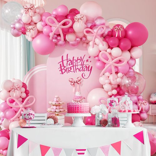 140pcs Bow Hot Pink Balloon Arch Kit, Hot Pink Light Pink Metallic Pink Balloon 18inch Clear Balloons Pink 260 Balloons for Pink Bow Coquette Birthday Decorations Baby Shower Party Decorations