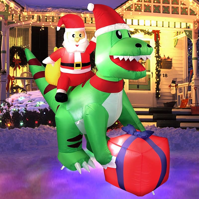 5 Ft Christmas Inflatable T-Rex Dinosaur with Santa Claus — Built-in LED, Easy Setup