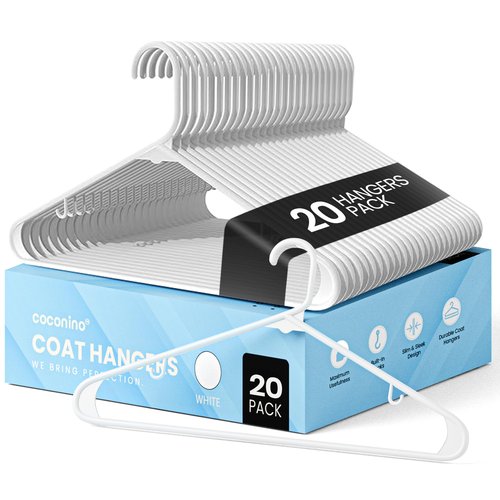 coconino Plastic Hangers 20 Pack - Non-Slip Clothes Hangers with Built-in Hooks - Heavy Duty Space Saving Coat Hangers for Closet - Durable Clothing Hanger for Shirts, Pants, Dress, Coats - White