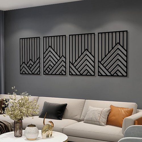 Abstract Black Metal Wall Decor by 4Pcs - Minimalist 3D Mountain Line Art Sculpture | 16"x11" for Living Room & Office