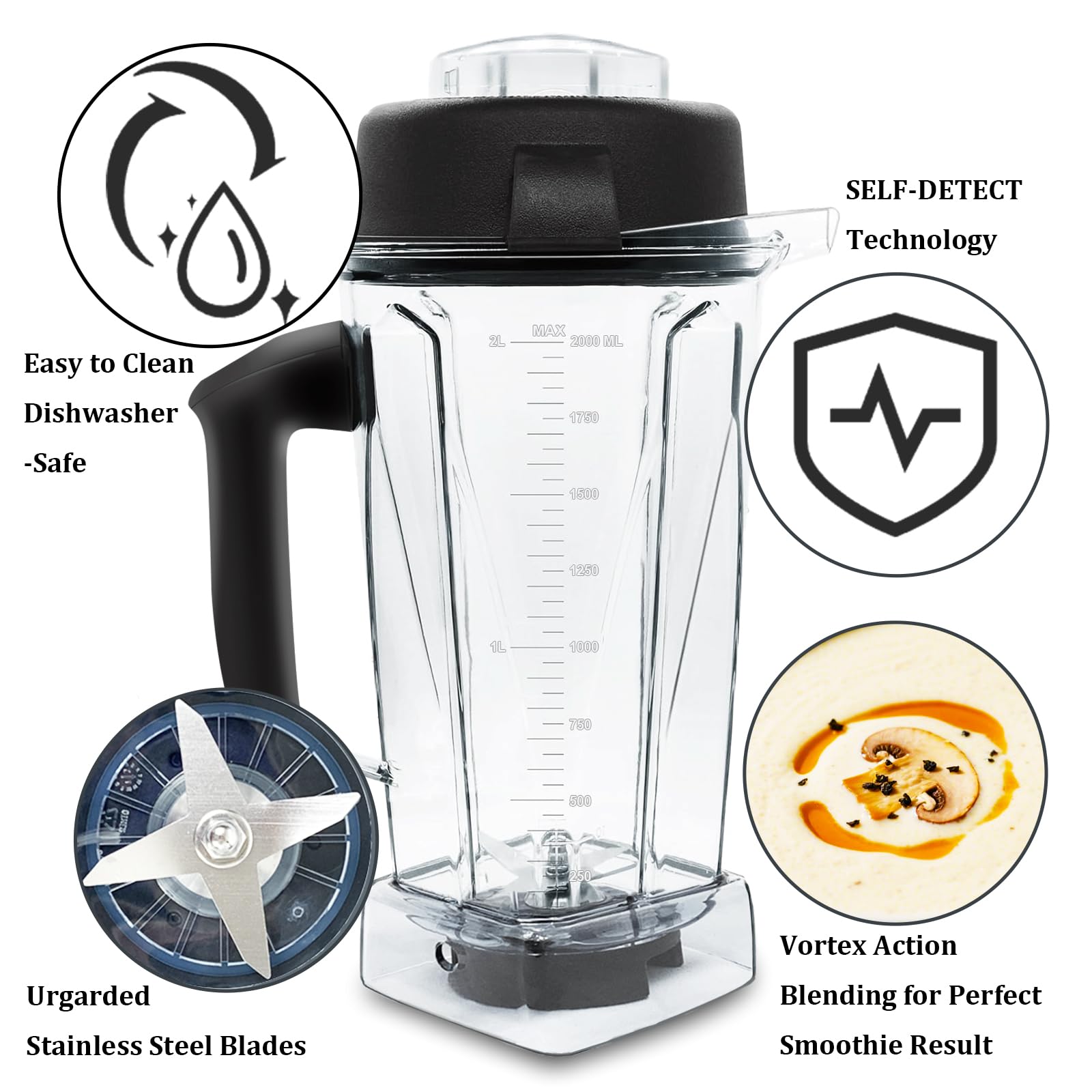 Blender Pitcher 64oz, Compatible with 5200 5000 5300 6300 VM0101 VM0103 VM0197 Classic/Explorian/Commercial Series etc Container Jar Cup, 2-year full warranty