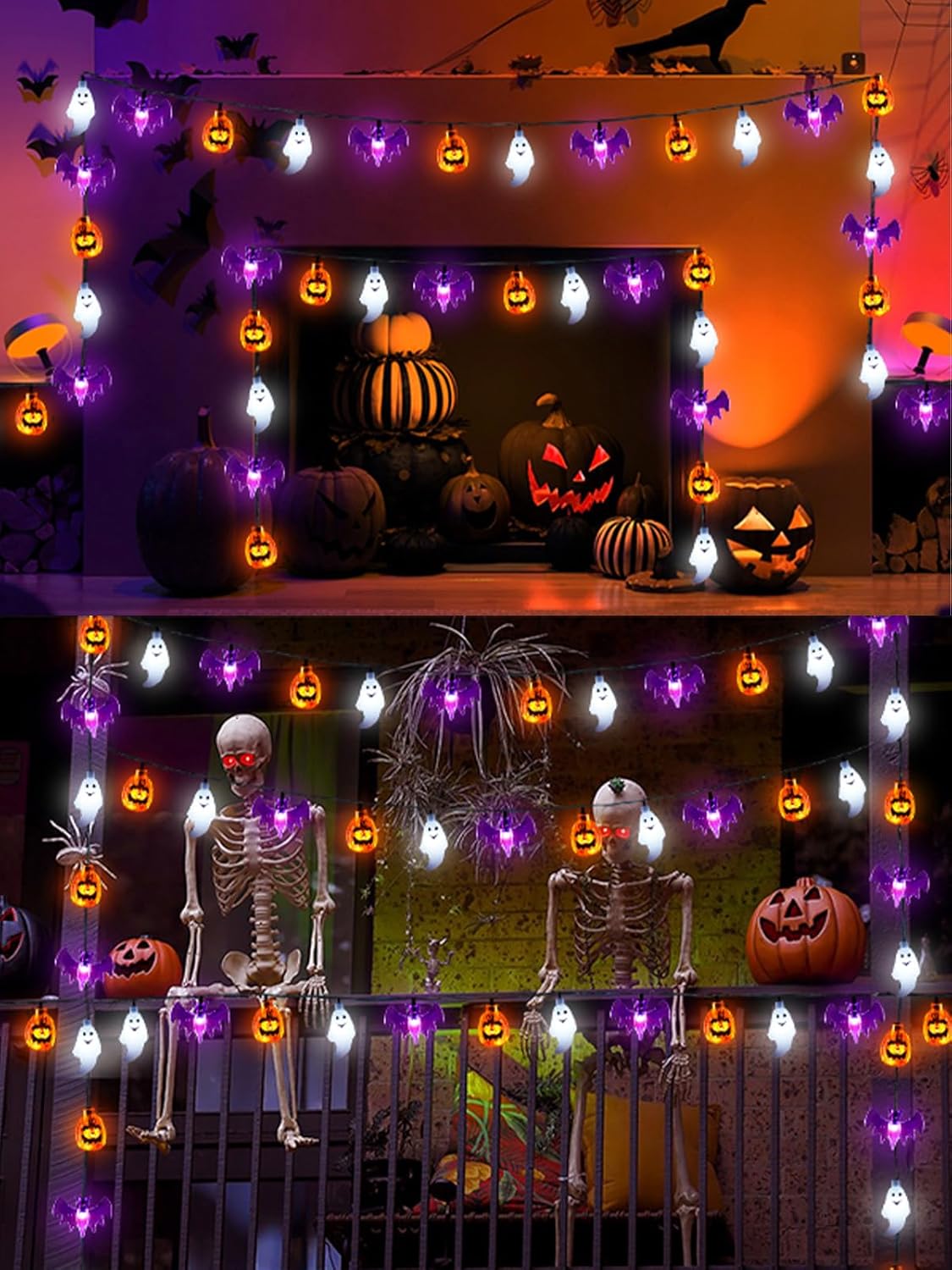 Skiennix Halloween String Lights - 30 LED 3D Pumpkin, Bat & Ghost Fairy Lights | Battery Operated with Remote & Timer
