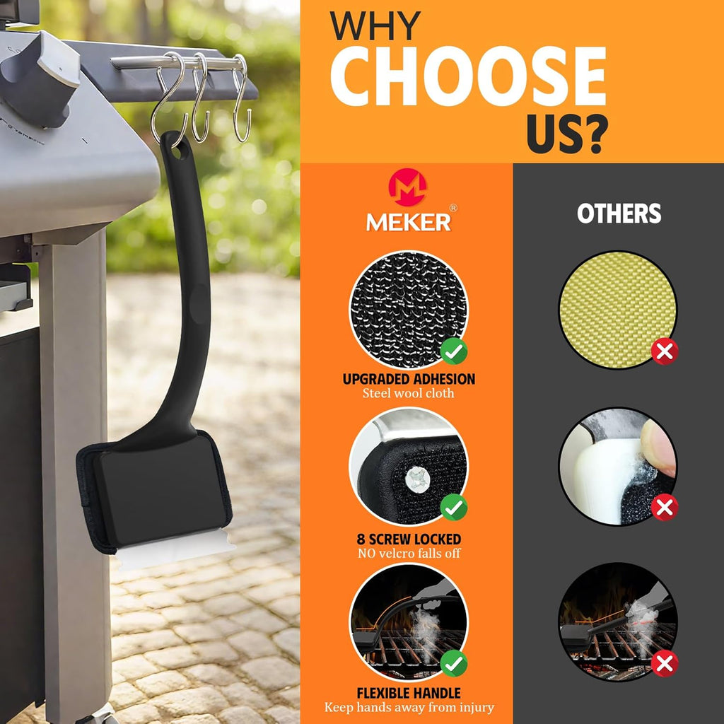 MEKER Grill Brush - Bristle-Free Design with Collapsible Bucket | 7-Piece Set for Easy Outdoor Cleaning, Black