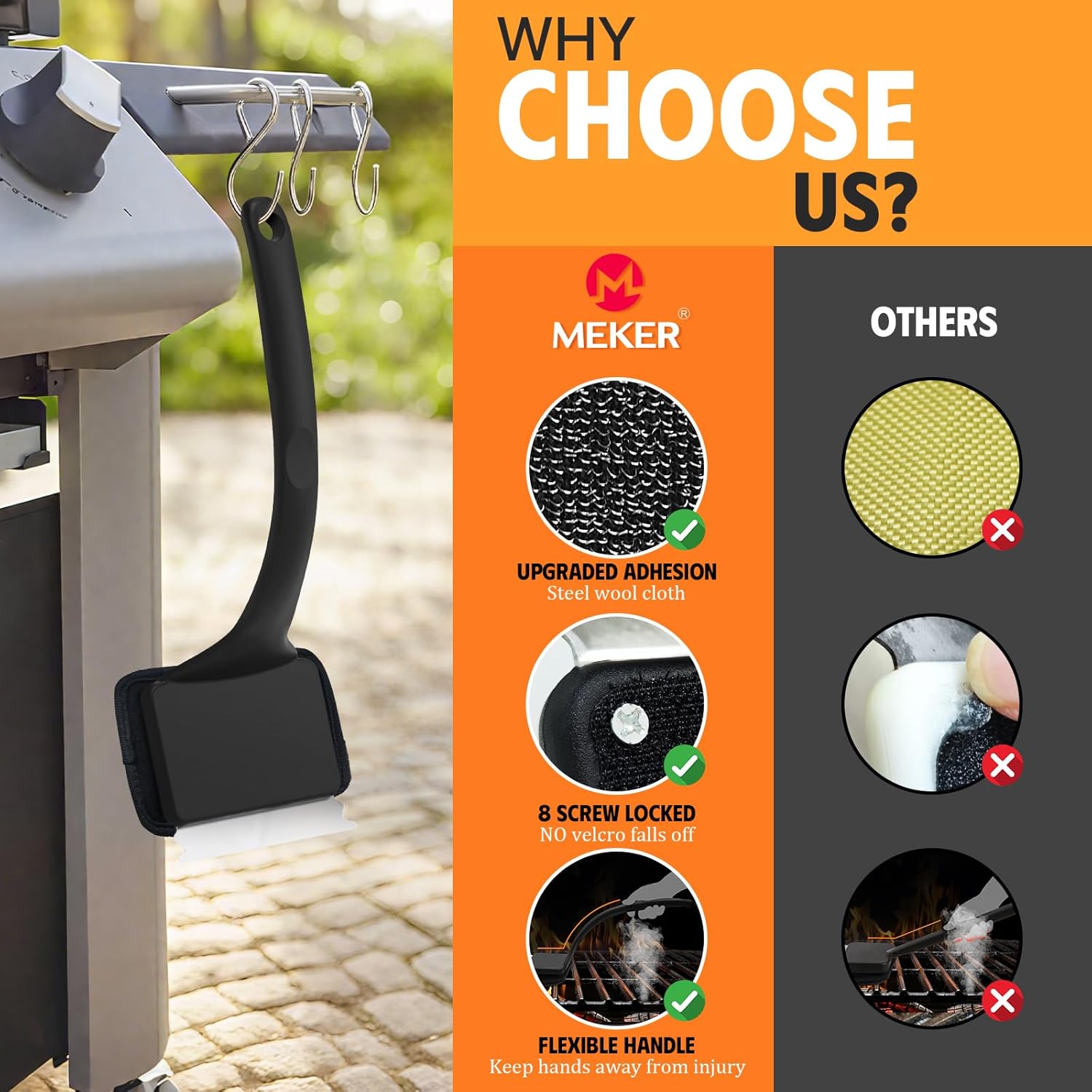 MEKER Grill Brush - Bristle-Free Design with Collapsible Bucket | 7-Piece Set for Easy Outdoor Cleaning, Black