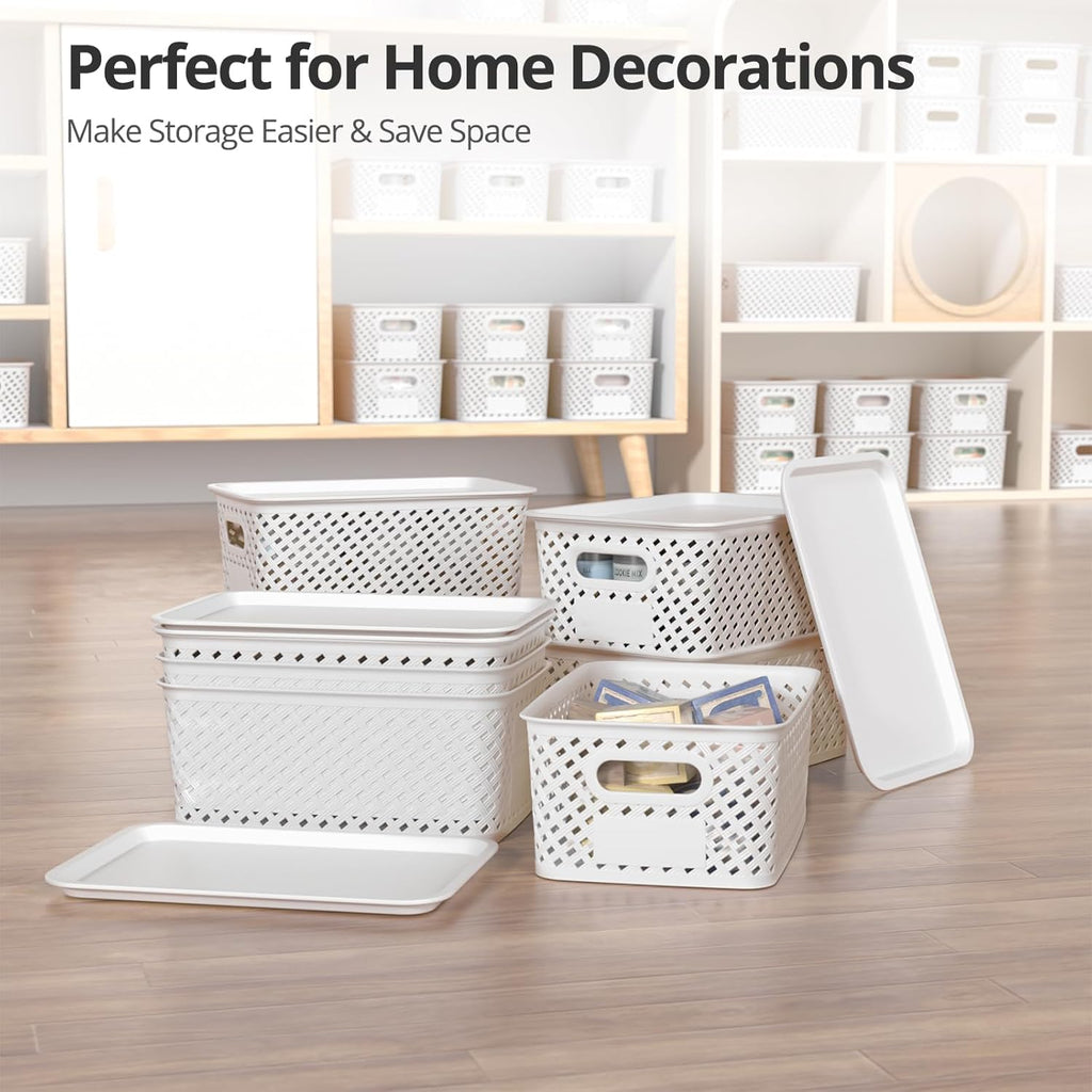 Plastic Storage Bins - Stackable Organizing Baskets with Lids | 8-Pack, 10.2x7.2x4.1 Inches, White