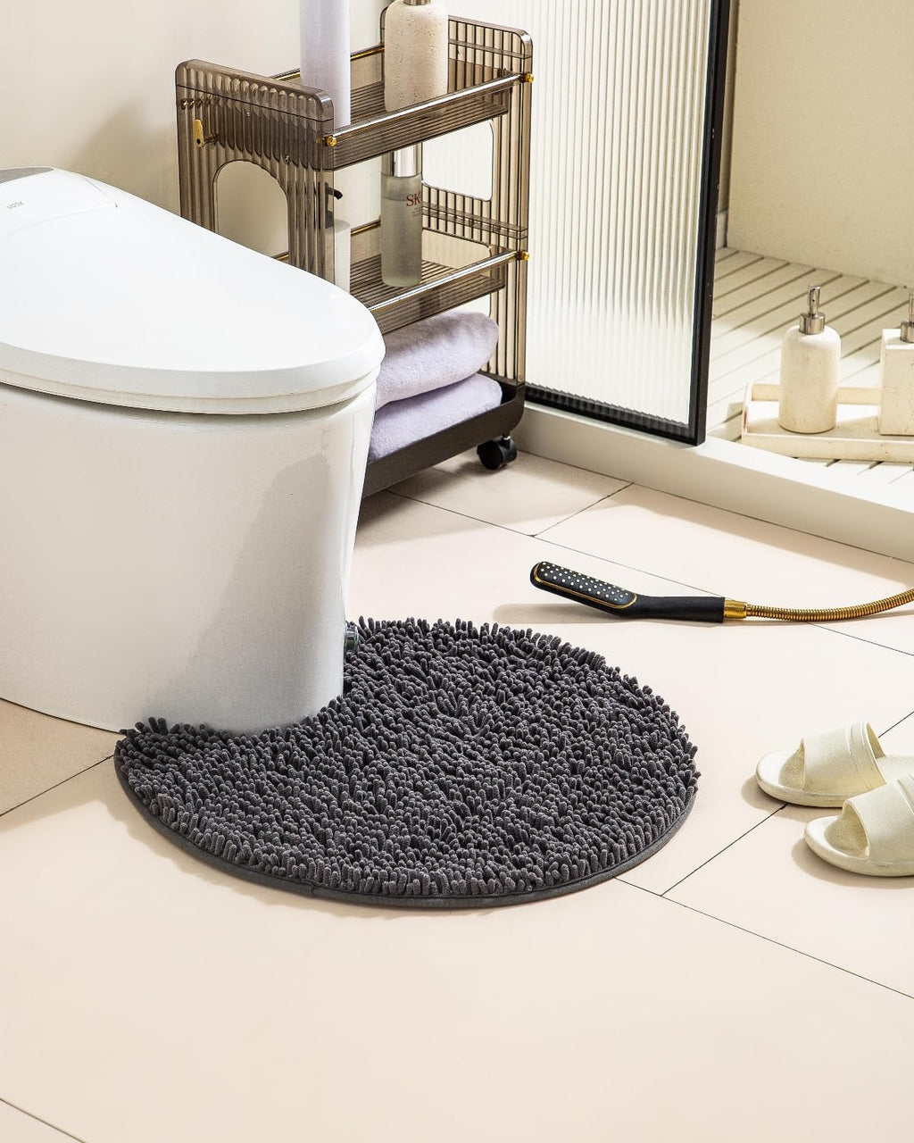 Puniamol Soft Shaggy Round Toilet Rug U Shaped for Bathroom, Excellent Absorbent Contour Toilet Mat Machine Washable, Non-Slip Microfiber Chenille Bathroom Rugs 24" Dark Grey