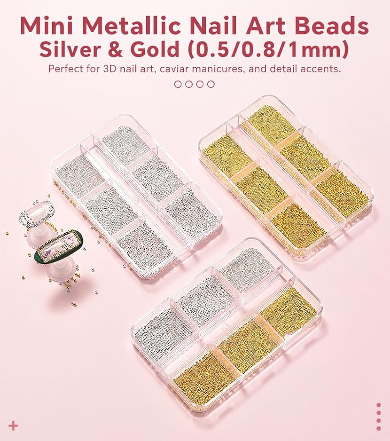 Siyuwuro Mini Metal Caviar Beads for Nail Art 3D Gold Silver Charms
