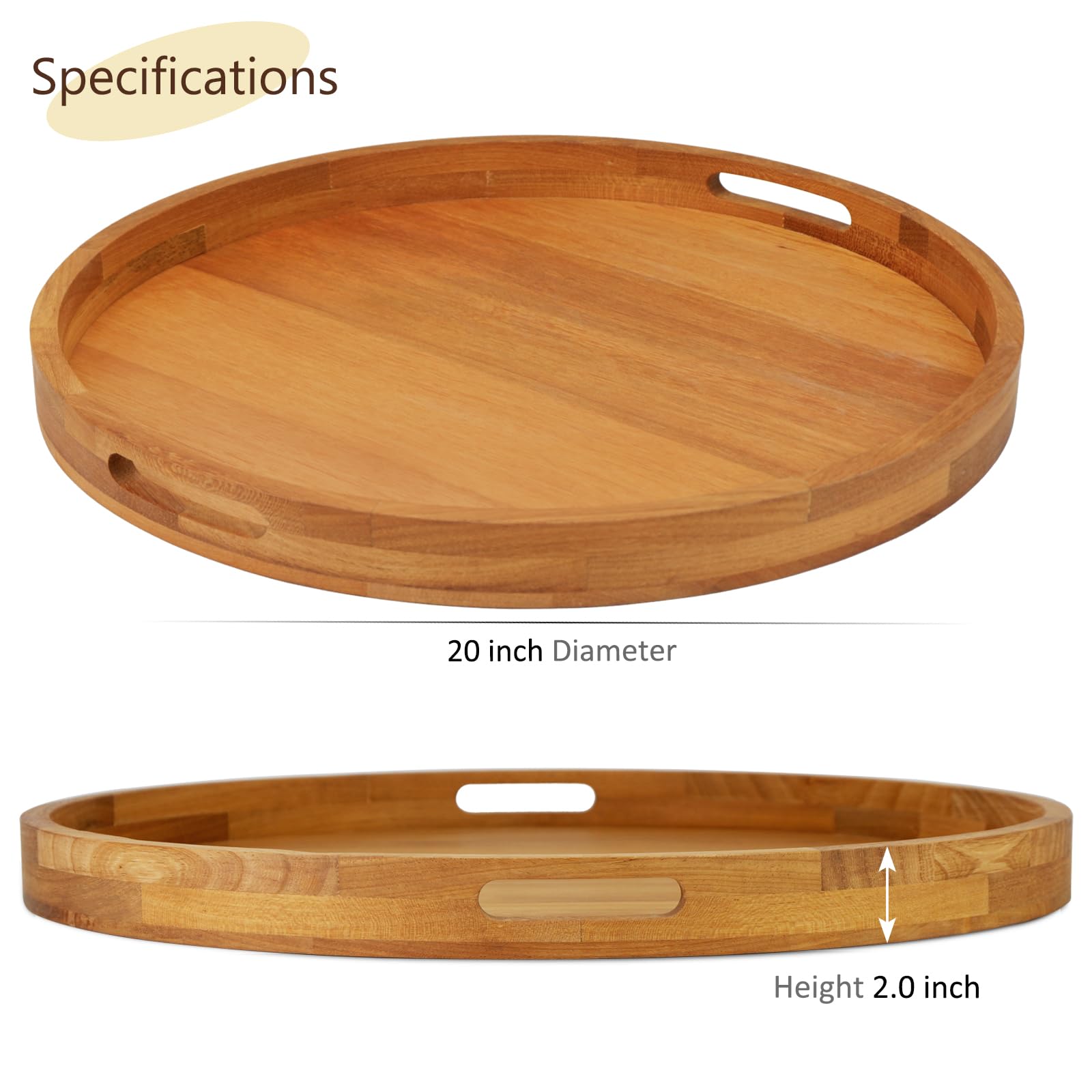 MAGIGO 20 Inches Extra Large Round Teak Wood Ottoman Tray with Handles, Serve Tea, Coffee Classic Wooden Decorative Serving Tray