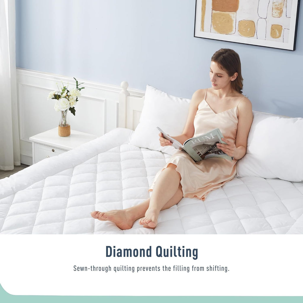 Skiennix Queen Mattress Pad - Quilted Cotton Cover with 18-22" Deep Pockets | Noiseless & Breathable Design