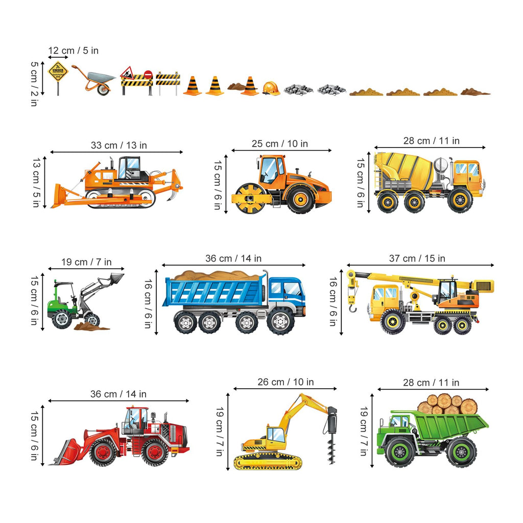 decalmile Construction Vehicles Wall Decals Cars Truck Tractor Wall Stickers Baby Nursery Boys Bedroom Kids Playroom Wall Decor