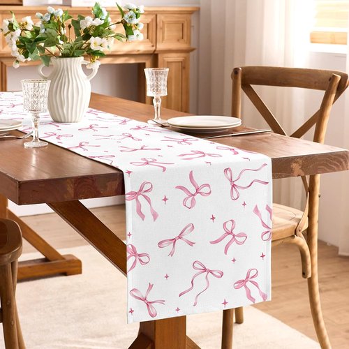 Buxiuer Pink Bow Party Table Runner Valentine's Day Coquette Girls Birthday Party Decoration Tea Wedding Baby Shower Dining Room Home Kitchen Table Decor (Pink, 13" x 72")
