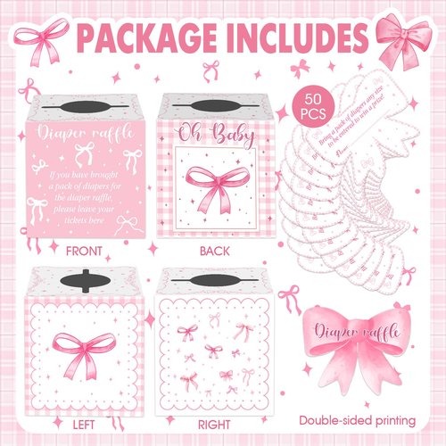 Pink Bow Baby Shower Decorations, Diaper Raffle Box for Baby Shower with 50PCS Cards Kids' Party Banners Game for Girl, Pink Bow Baby Shower Decorations Baby Shower Raffle Tickets