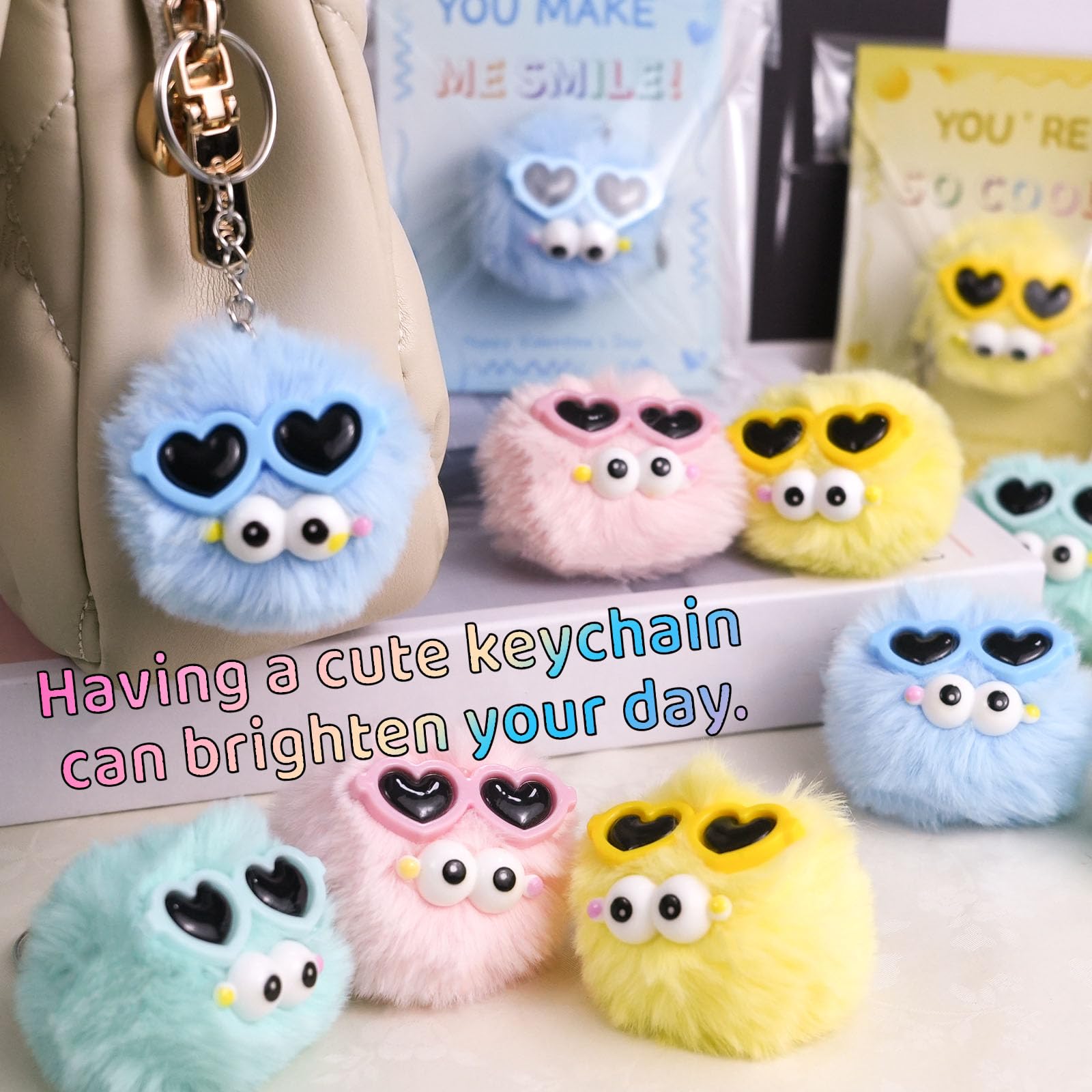 QYESQ Valentines Day Gifts for Kids - 24 Pack Cute Plush Toys Keychains, Valentines Day Cards for Kids Boys Girls Toddlers School Classroom Friends Exchange Party Favors