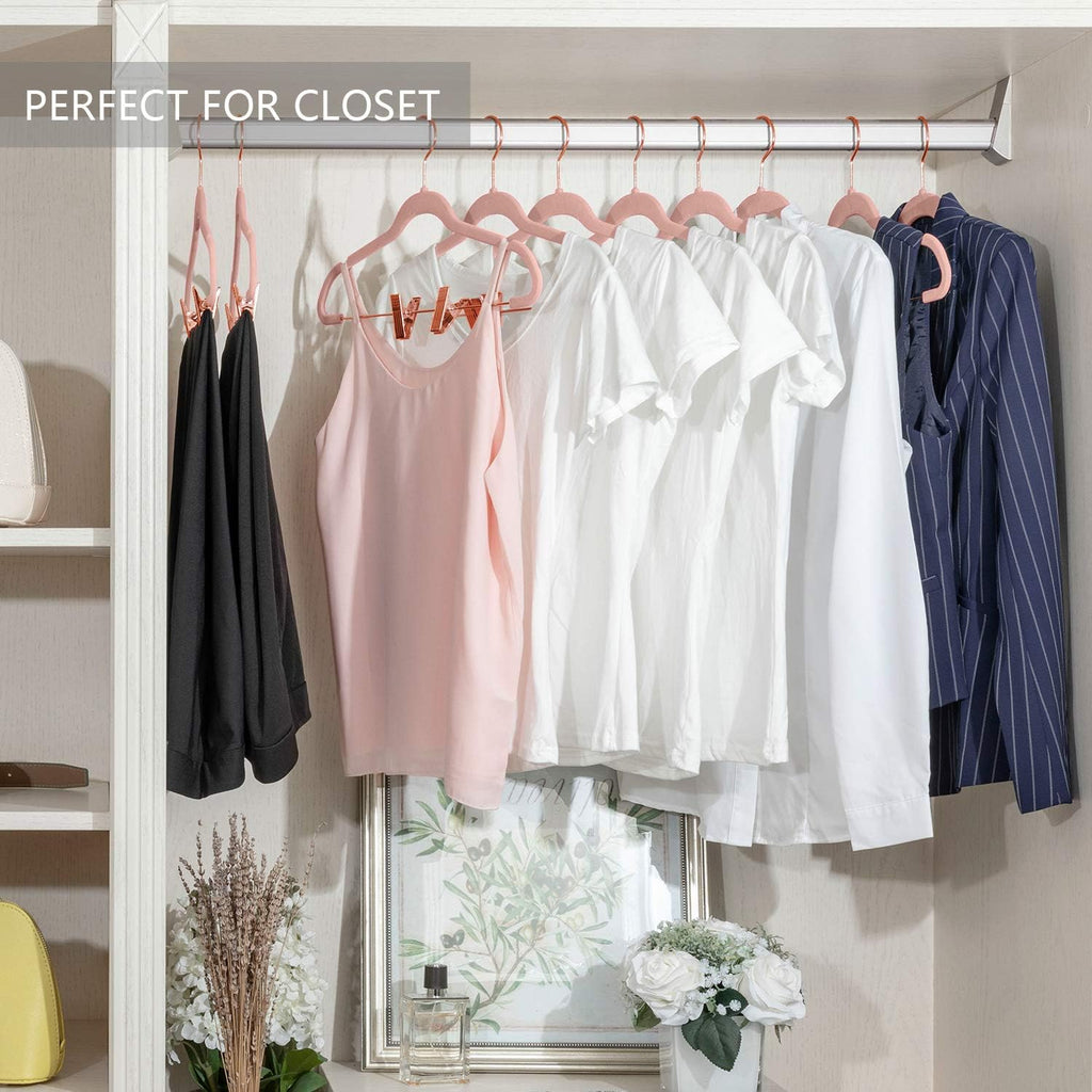 MIZGI Premium Velvet Pants Hangers - Non-Slip Clips for Slim Skirts | Blush Pink with Copper Hooks (Pack of 20)