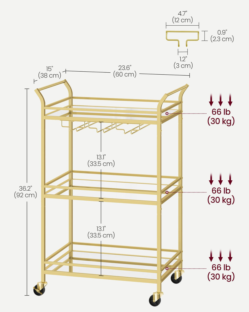 VASAGLE Bar Cart Gold, Small Home Bar Serving Cart with 3-Tier Mirrored Shelf, Wine Holders, Glass Holders, for Small Spaces, Kitchen, 15 x 23.6 x 36.2 Inches, Gold ULRC100A01