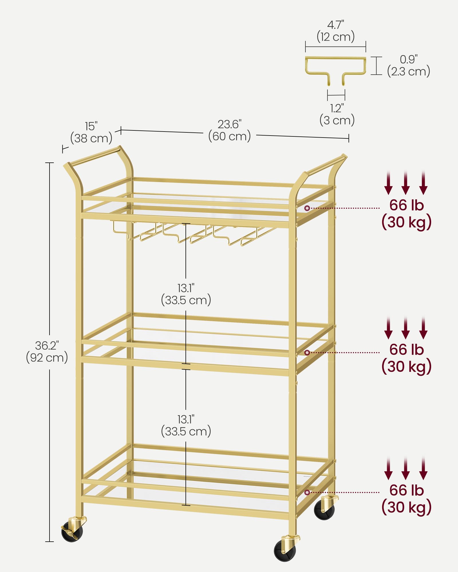 VASAGLE Bar Cart Gold, Small Home Bar Serving Cart with 3-Tier Mirrored Shelf, Wine Holders, Glass Holders, for Small Spaces, Kitchen, 15 x 23.6 x 36.2 Inches, Gold ULRC100A01