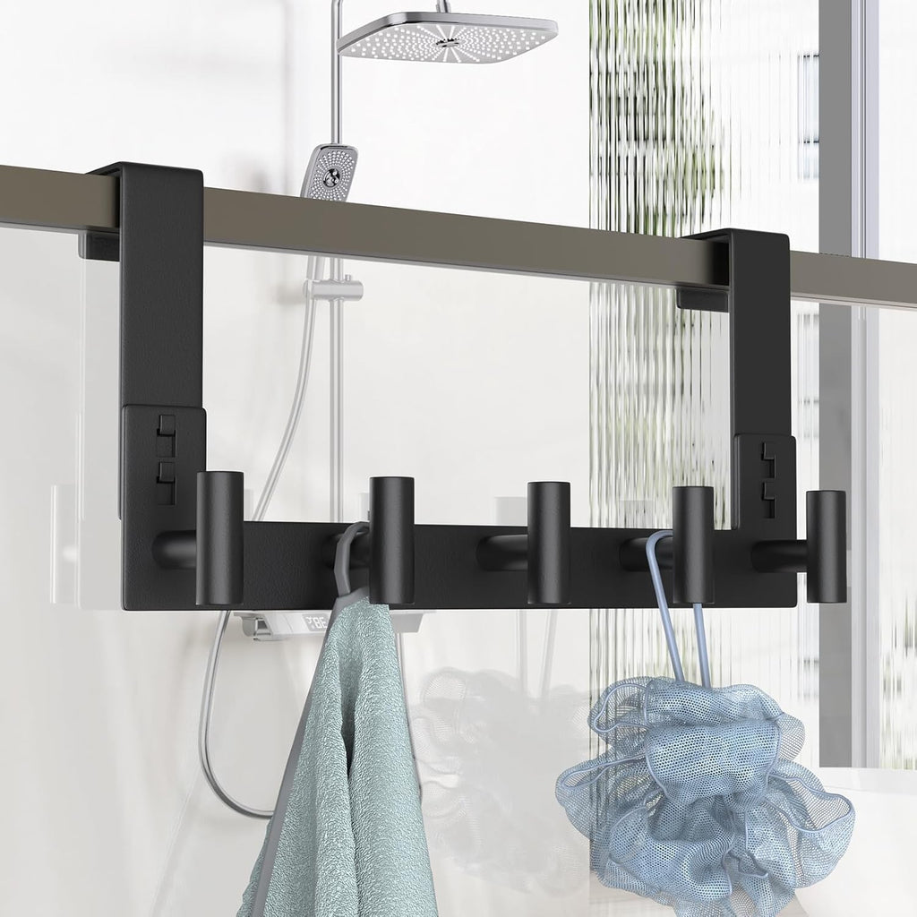 PMMASTO Over The Door Hooks - Coat Rack Organizer & Towel Holder for Bathroom | Black 5 T-Hooks, Fits 1-3/4" Thick Door