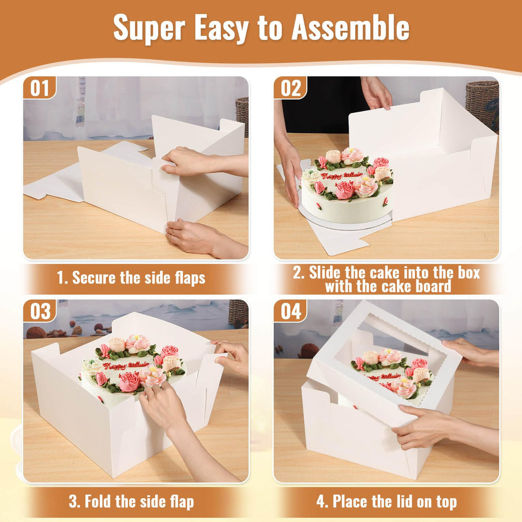 Tetutor 12 Pcs Cake Boxes 12 inch,12x12x8 Inches Cake Box with Window, 5 Pcs Tall 12x12 Cakes Boxes with 5 Pcs Cake Boards, Large Baking Boxes, White Square Cakes Containers for Multi-Layer Cakes