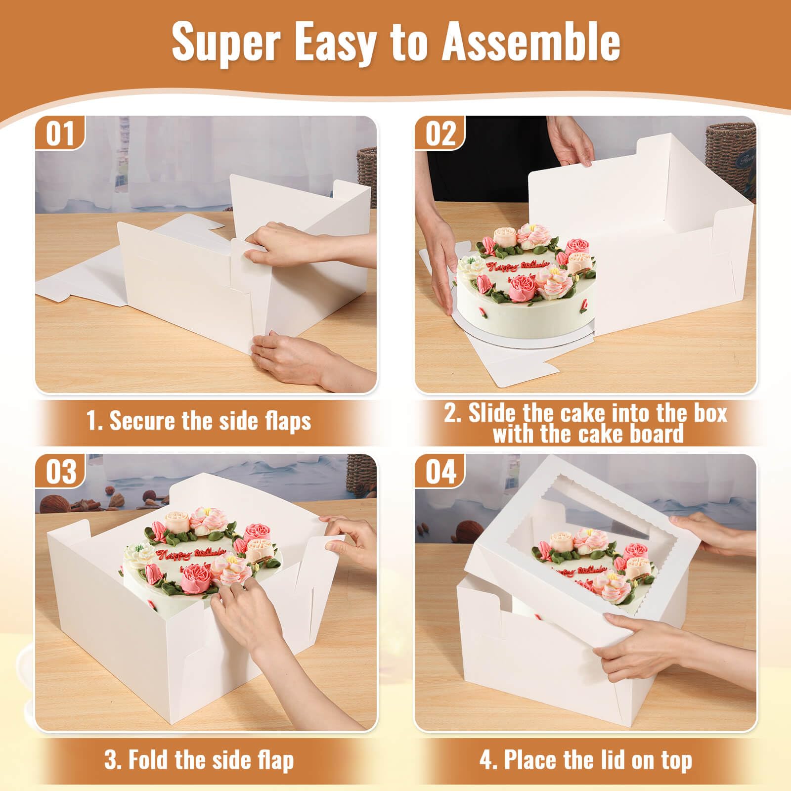 Tetutor 12 Pcs Cake Boxes 12 inch,12x12x8 Inches Cake Box with Window, 5 Pcs Tall 12x12 Cakes Boxes with 5 Pcs Cake Boards, Large Baking Boxes, White Square Cakes Containers for Multi-Layer Cakes