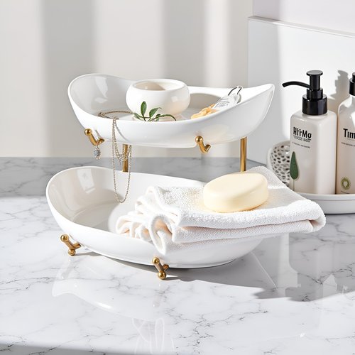 HBlife Fruit Bowl for Kitchen Counter - 2 Tier Fruit Basket with Metal Stand, Ceramic Fruit Holder, Tiered Fruit Platter Serving Trays for Party(Large Size)