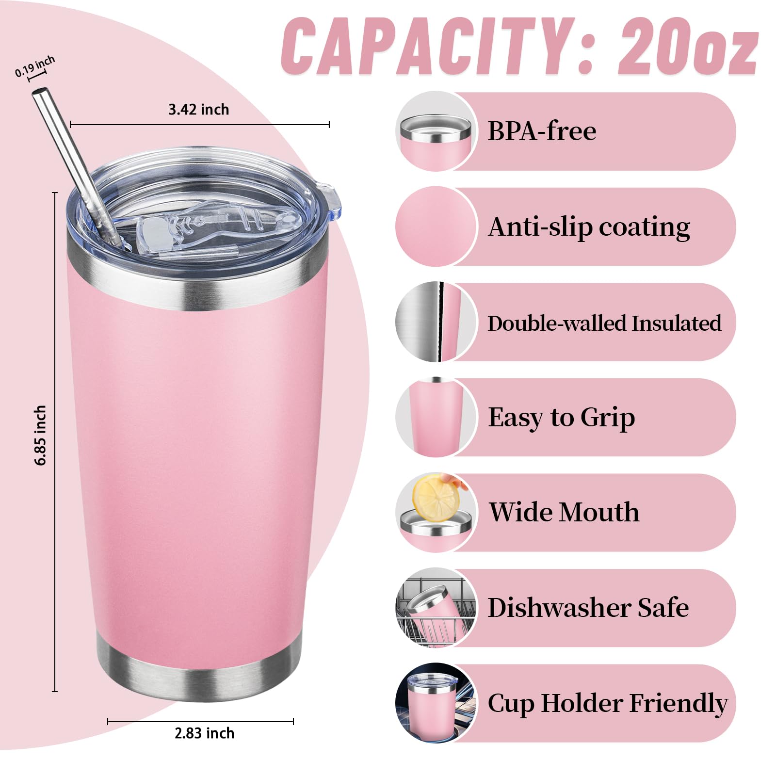 YEBTS Life 20 oz Tumbler with Lids and Straws, Stainless Steel Insulated Travel Coffee Mug, Double Wall Vacuum Insulated Tumblers, Powder Coated Coffee Tumbler for Cold & Hot Drinks (Pink)