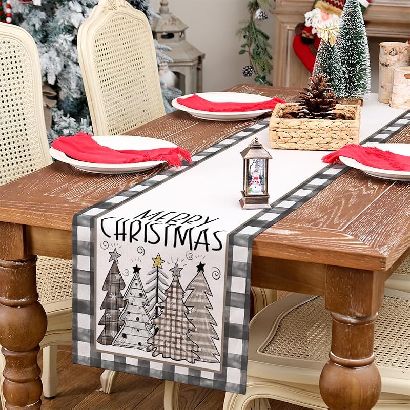 Table Runner 13x72 Inches - Merry Christmas Buffalo Plaid, Yellow