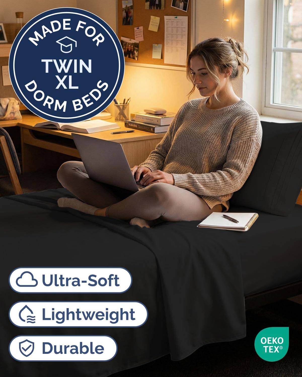 Skiennix Twin XL Sheet Set - Comfy Cooling Bed Sheets - Ultra-Soft, Deep Pockets, Wrinkle-Free - Black