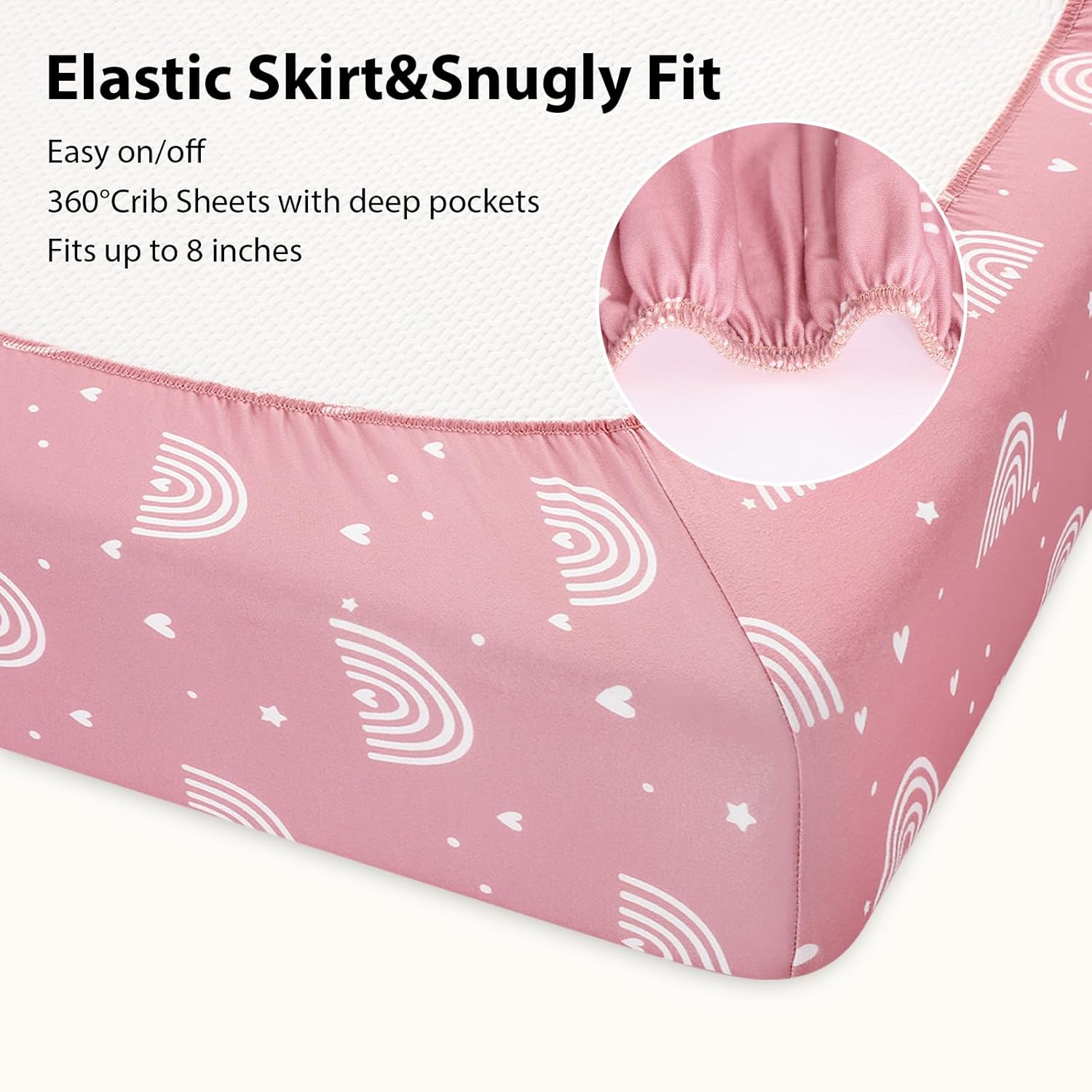 Skiennix Baby Crib Sheets - 3 Pack Fitted Toddler Bed Sheets, Super Soft Microfiber, Pink Rainbow | 52”x28”