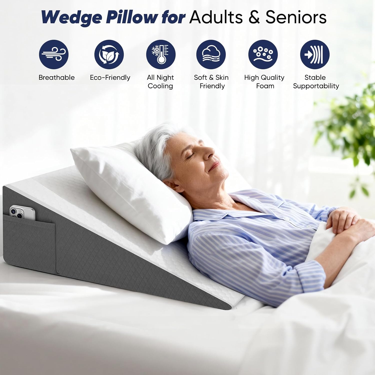 Skiennix Bed Wedge Pillow - 8 Inch Incline for Back Support & Leg Elevation | Cooling Memory Foam
